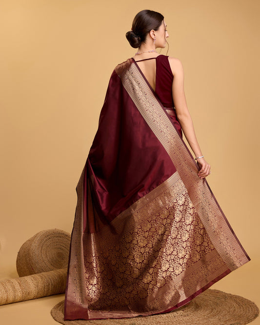 Vedant Vastram Soft Litchi Silk Banarasi Silk Saree - Maroon | Swadesiicart