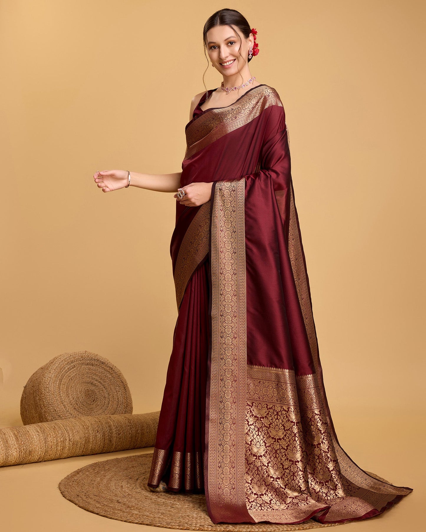 Vedant Vastram Soft Litchi Silk Banarasi Silk Saree - Maroon | Swadesiicart