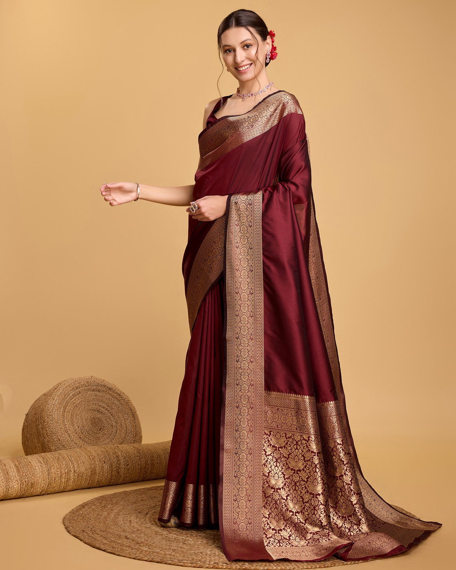 Vedant Vastram Soft Litchi Silk Banarasi Silk Saree - Maroon | Swadesiicart
