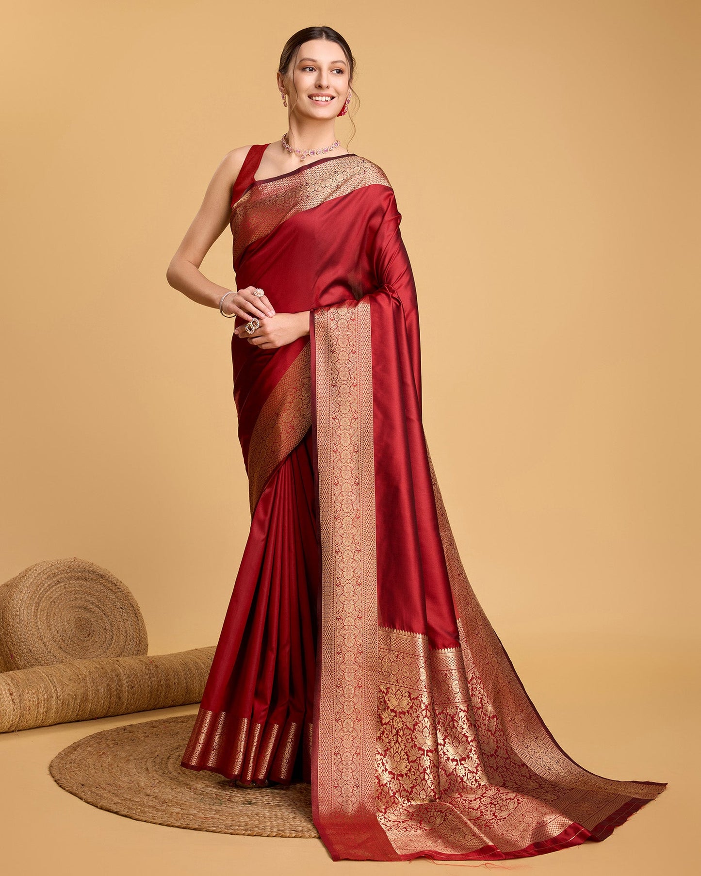 Vedant Vastram Soft Litchi Silk Banarasi Silk Saree - Red | Swadesiicart