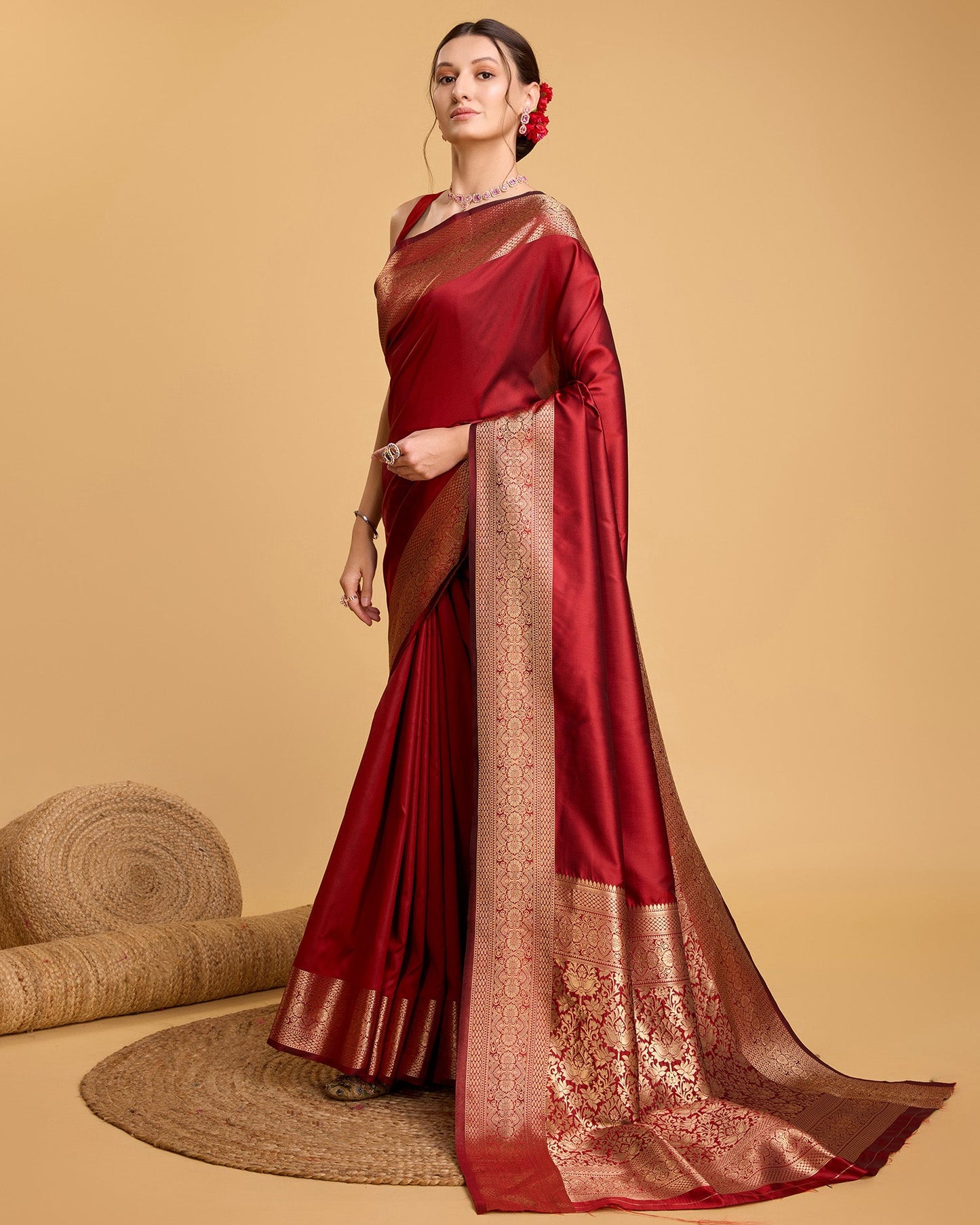 Vedant Vastram Soft Litchi Silk Banarasi Silk Saree - Red | Swadesiicart