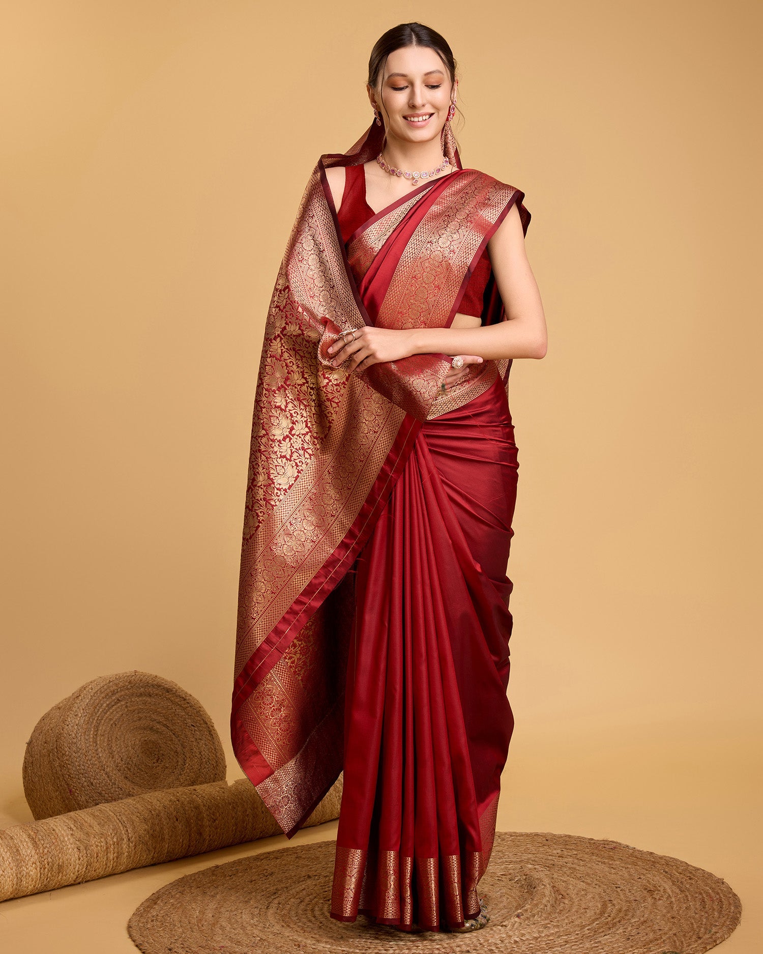 Vedant Vastram Soft Litchi Silk Banarasi Silk Saree - Red | Swadesiicart