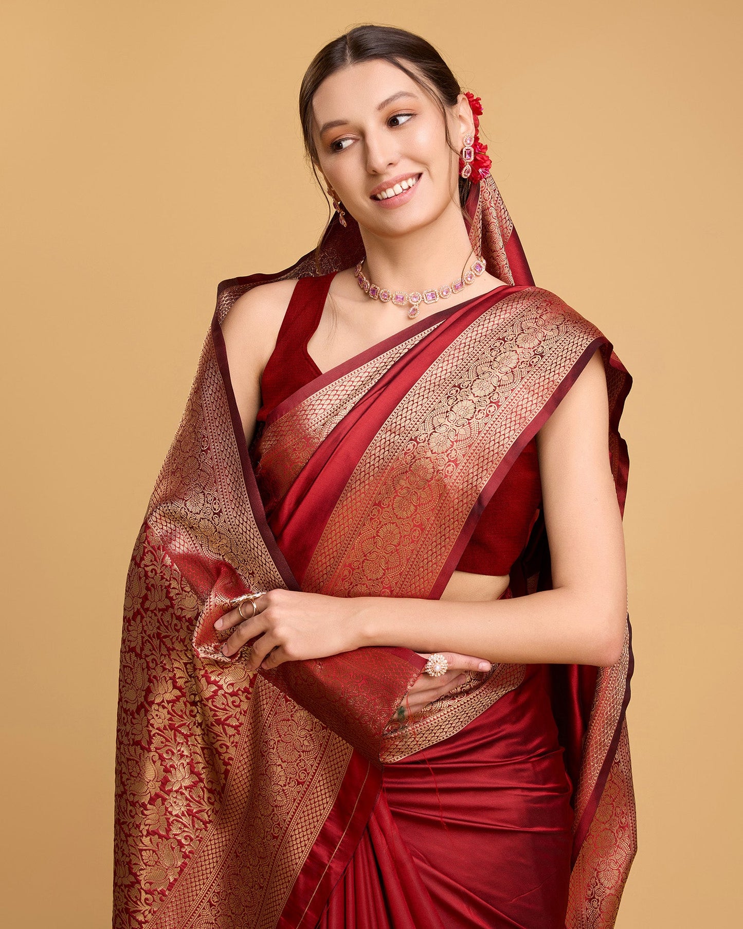 Vedant Vastram Soft Litchi Silk Banarasi Silk Saree - Red | Swadesiicart