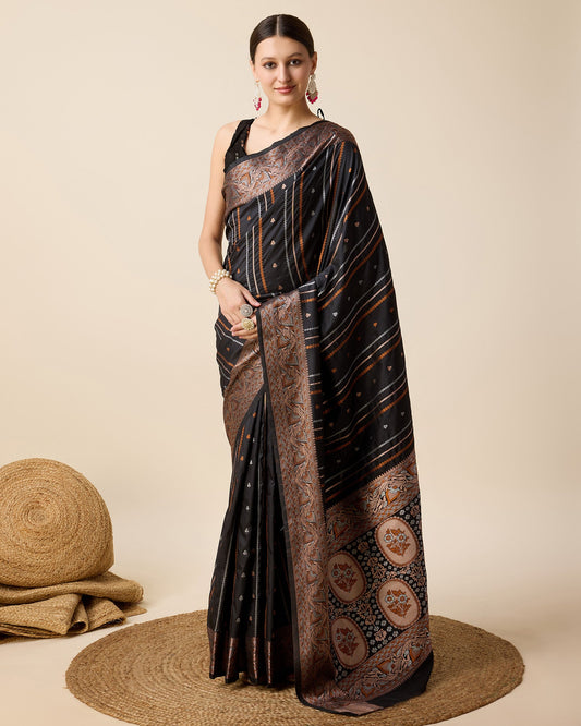 Vedant Vastram Soft Litchi Silk Banarasi Silk Saree - Black | Swadesiicart
