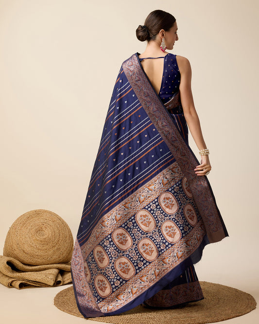 Vedant Vastram Soft Litchi Silk Banarasi Silk Saree - Navy | Swadesiicart