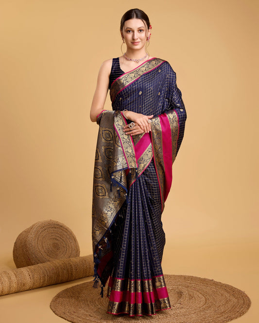 Vedant Vastram Soft Litchi Silk Banarasi Silk Saree - Navy | Swadesiicart