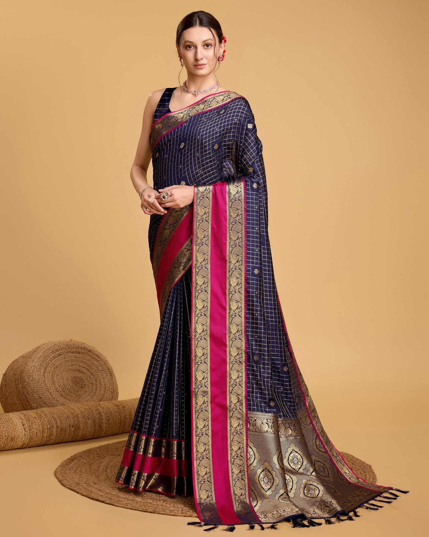 Vedant Vastram Soft Litchi Silk Banarasi Silk Saree - Navy | Swadesiicart