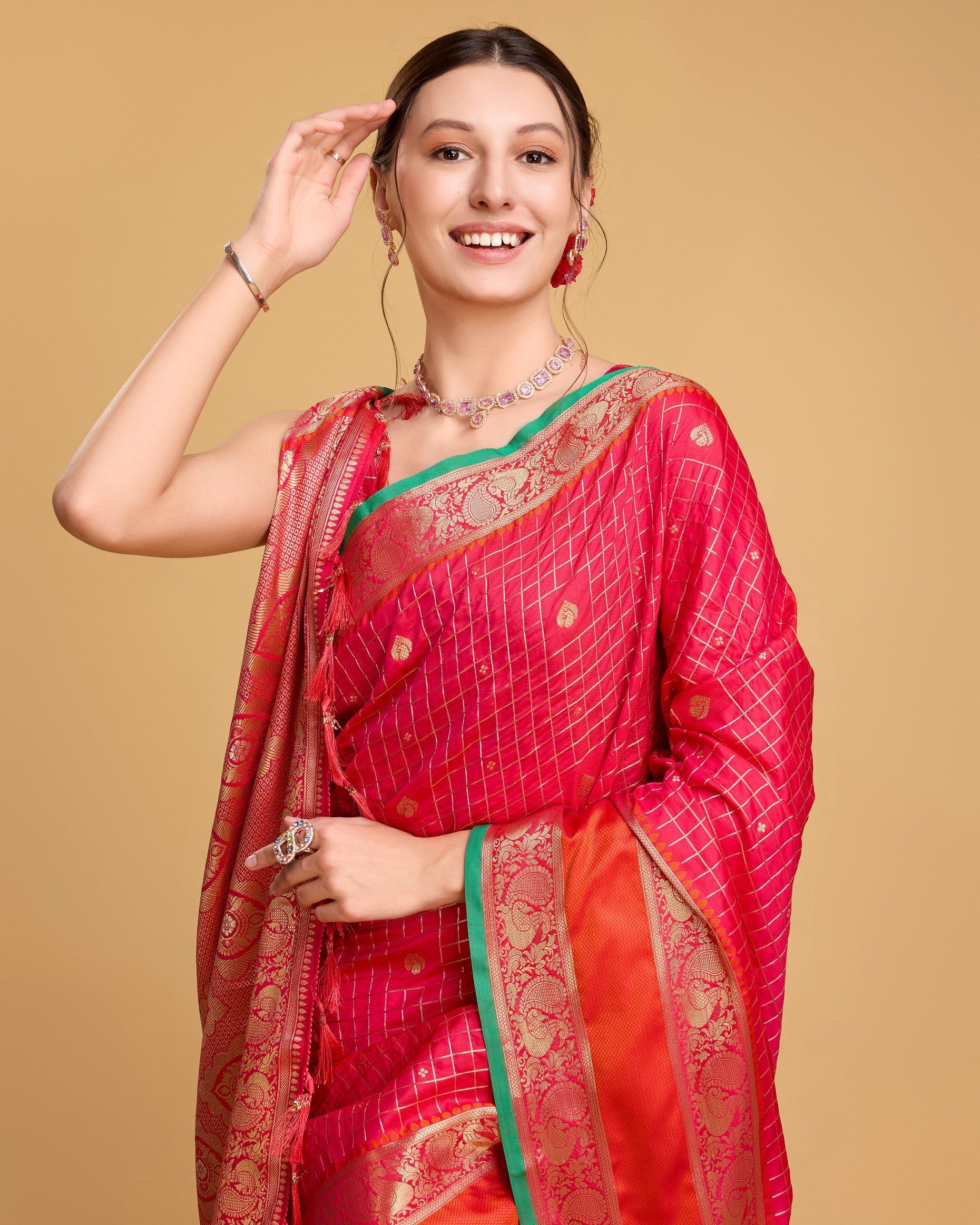 Vedant Vastram Soft Litchi Silk Banarasi Silk Saree - Pink | Swadesiicart
