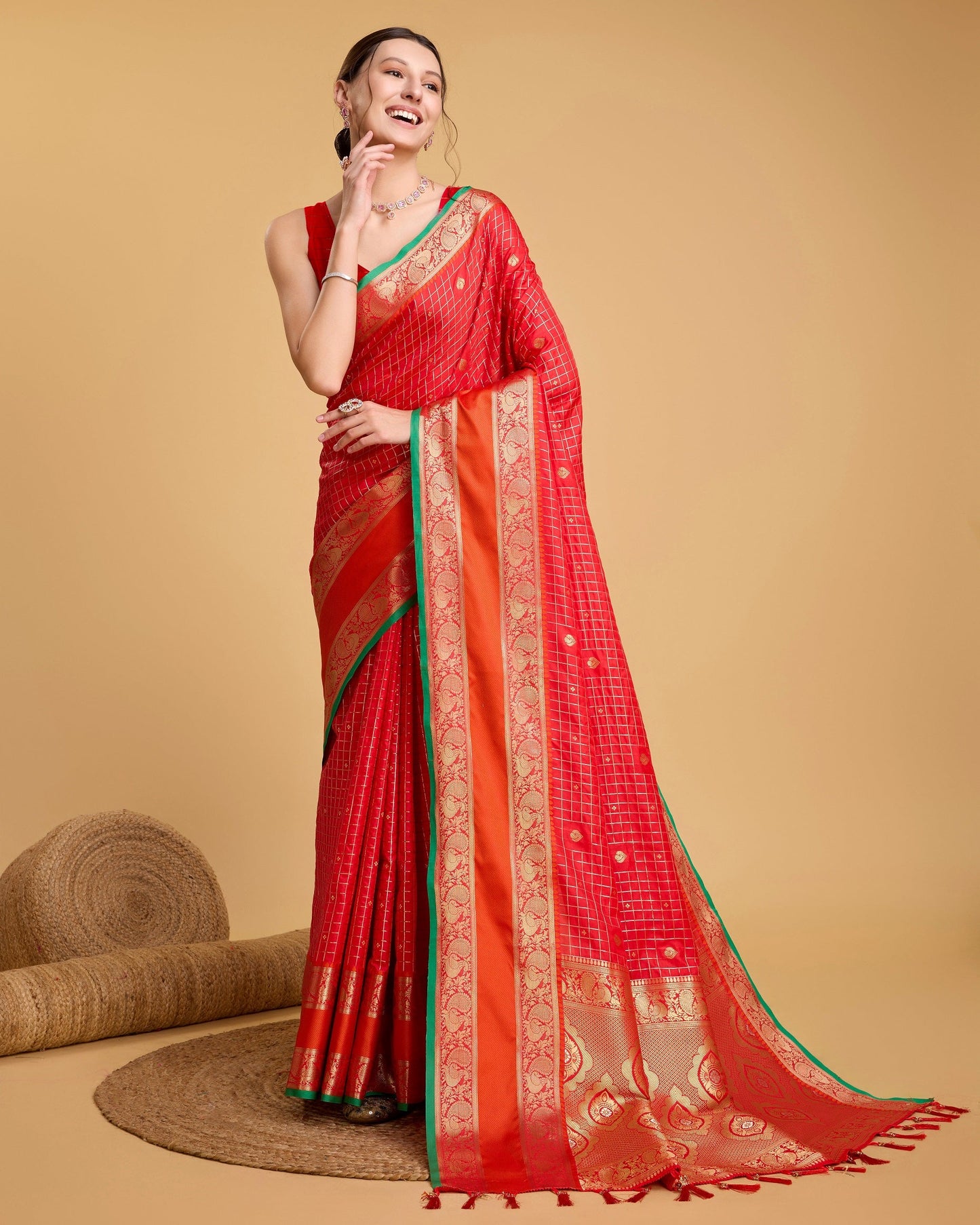 Vedant Vastram Soft Litchi Silk Banarasi Silk Saree - Red | Swadesiicart
