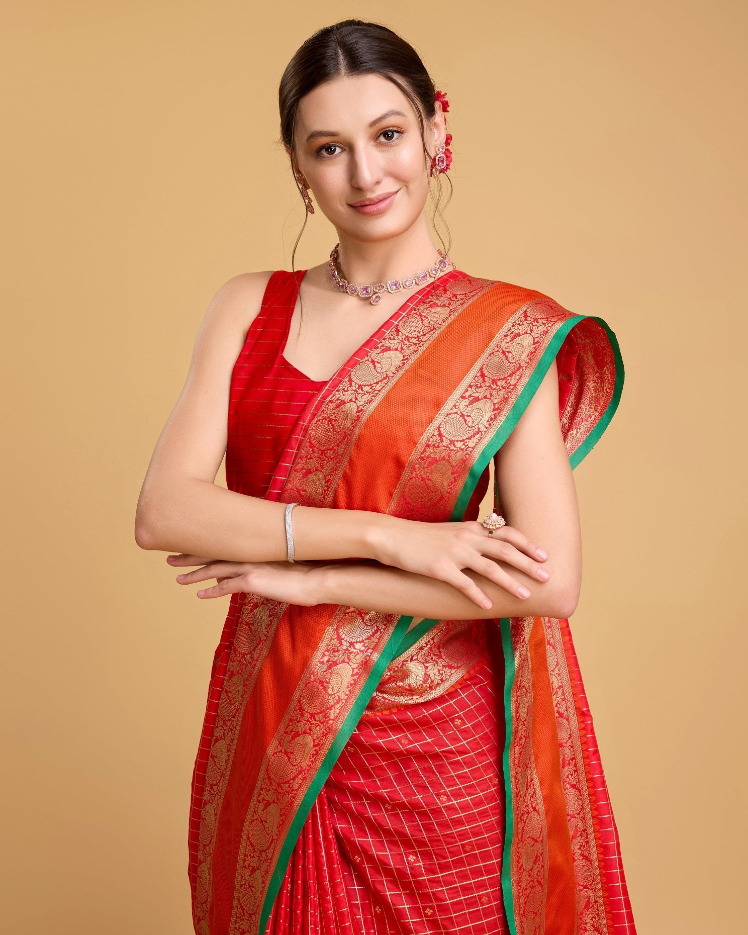 Vedant Vastram Soft Litchi Silk Banarasi Silk Saree - Red | Swadesiicart