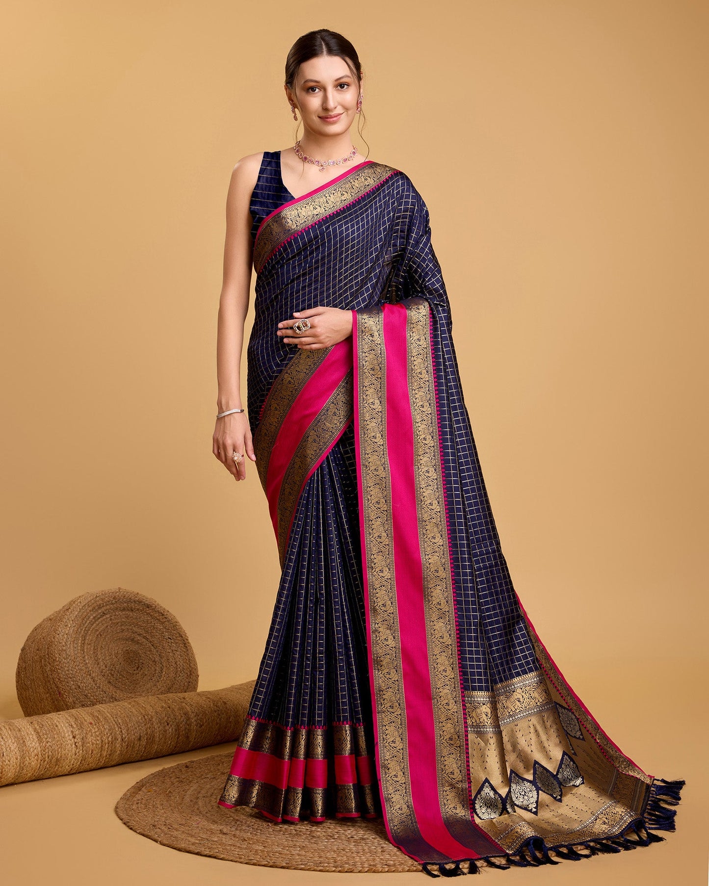 Vedant Vastram Soft Litchi Silk Banarasi Silk Saree - Navy | Swadesiicart