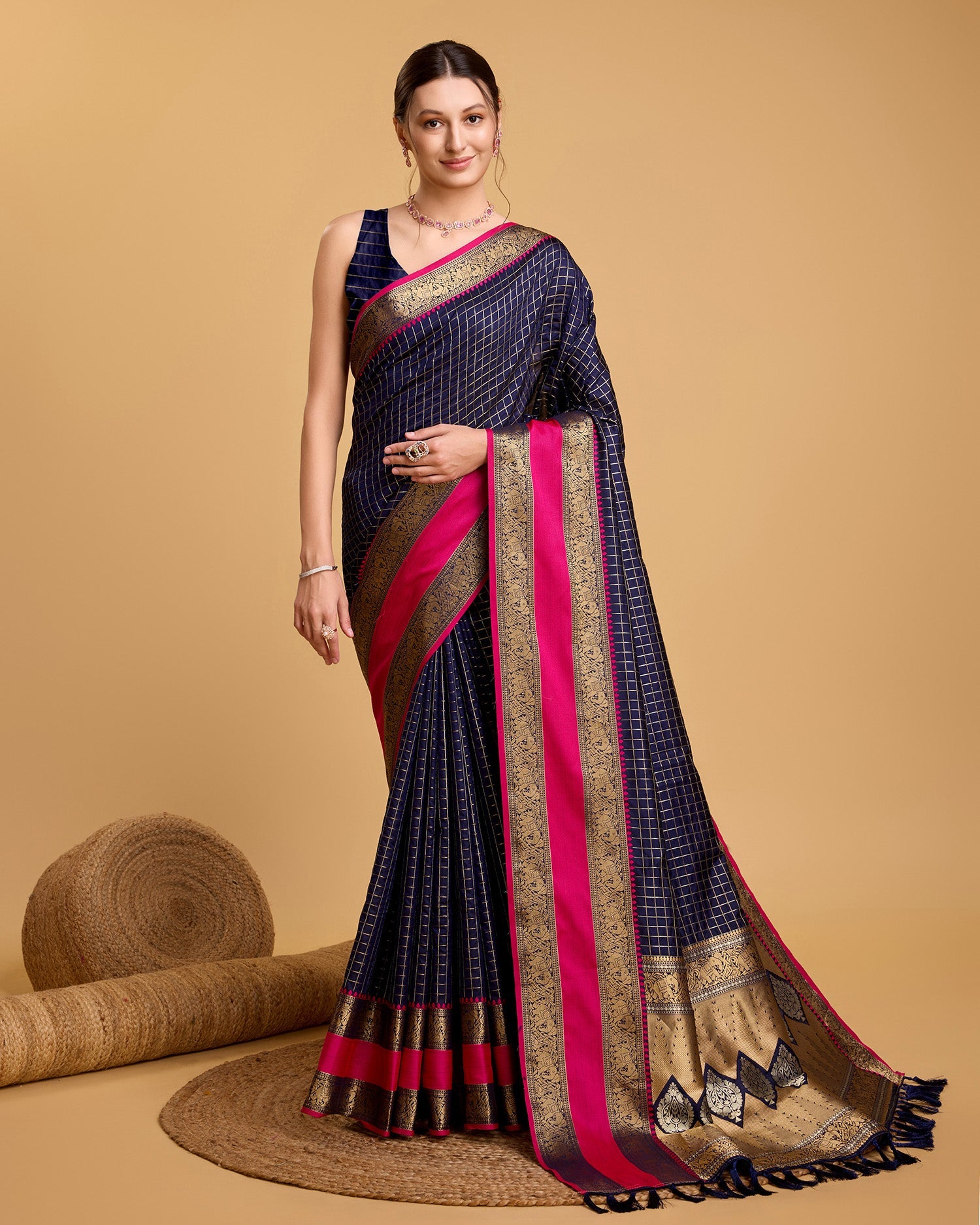 Vedant Vastram Soft Litchi Silk Banarasi Silk Saree - Navy | Swadesiicart