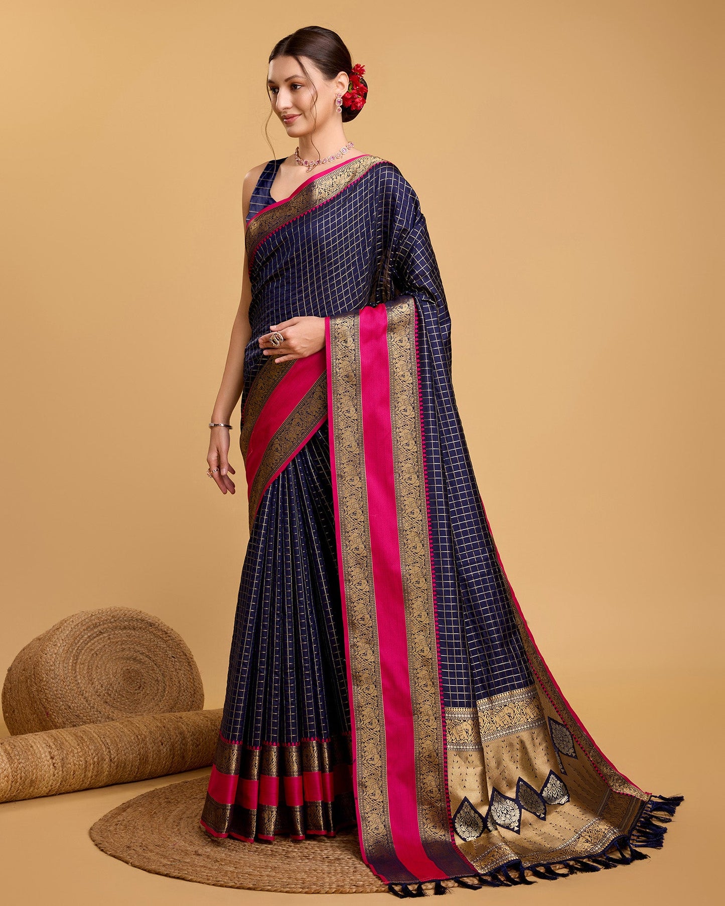 Vedant Vastram Soft Litchi Silk Banarasi Silk Saree - Navy | Swadesiicart