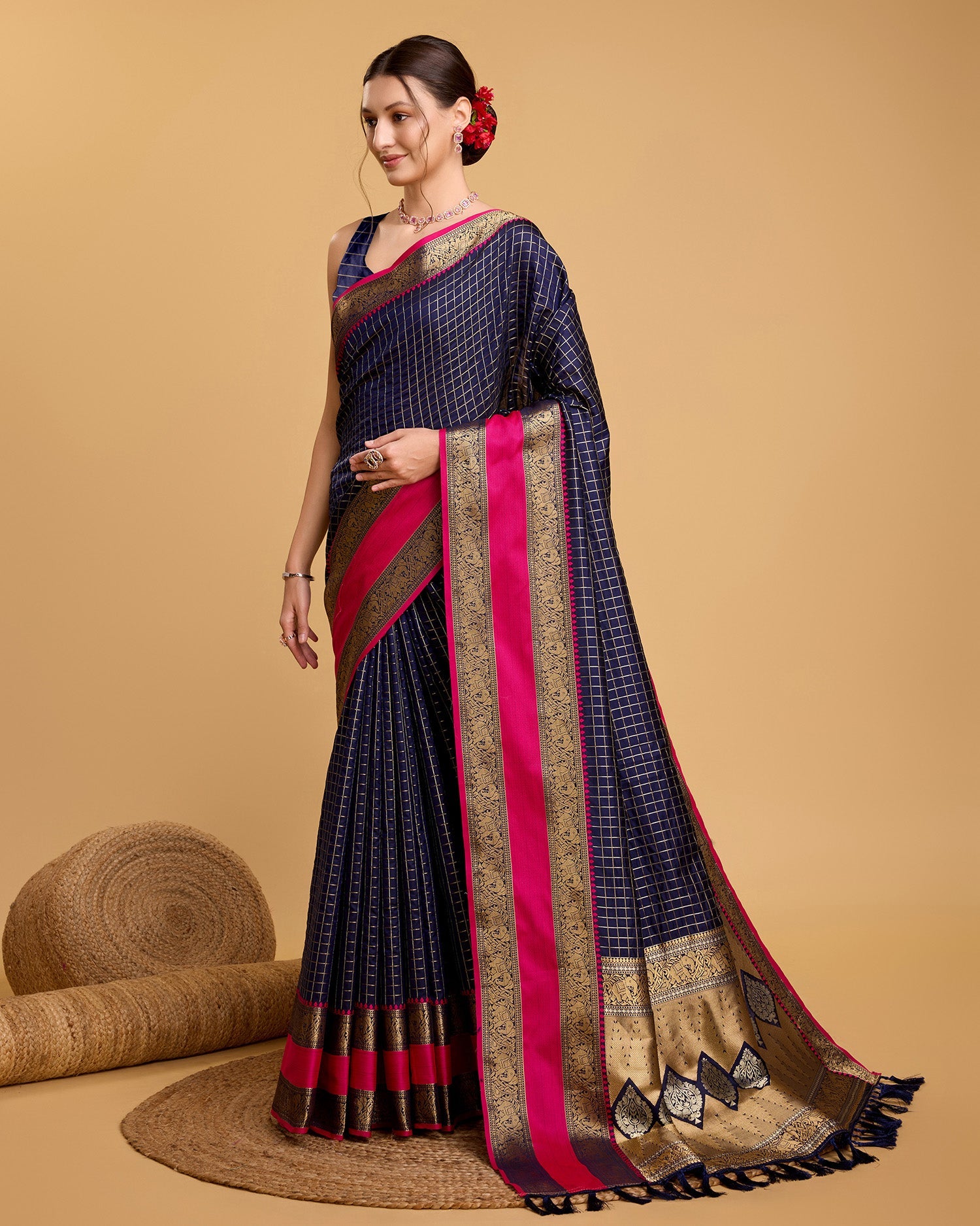 Vedant Vastram Soft Litchi Silk Banarasi Silk Saree - Navy | Swadesiicart