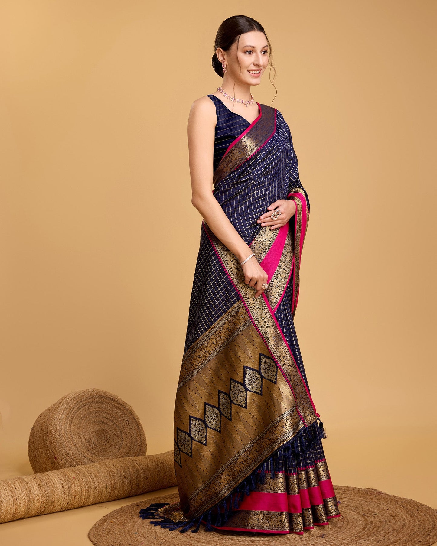 Vedant Vastram Soft Litchi Silk Banarasi Silk Saree - Navy | Swadesiicart