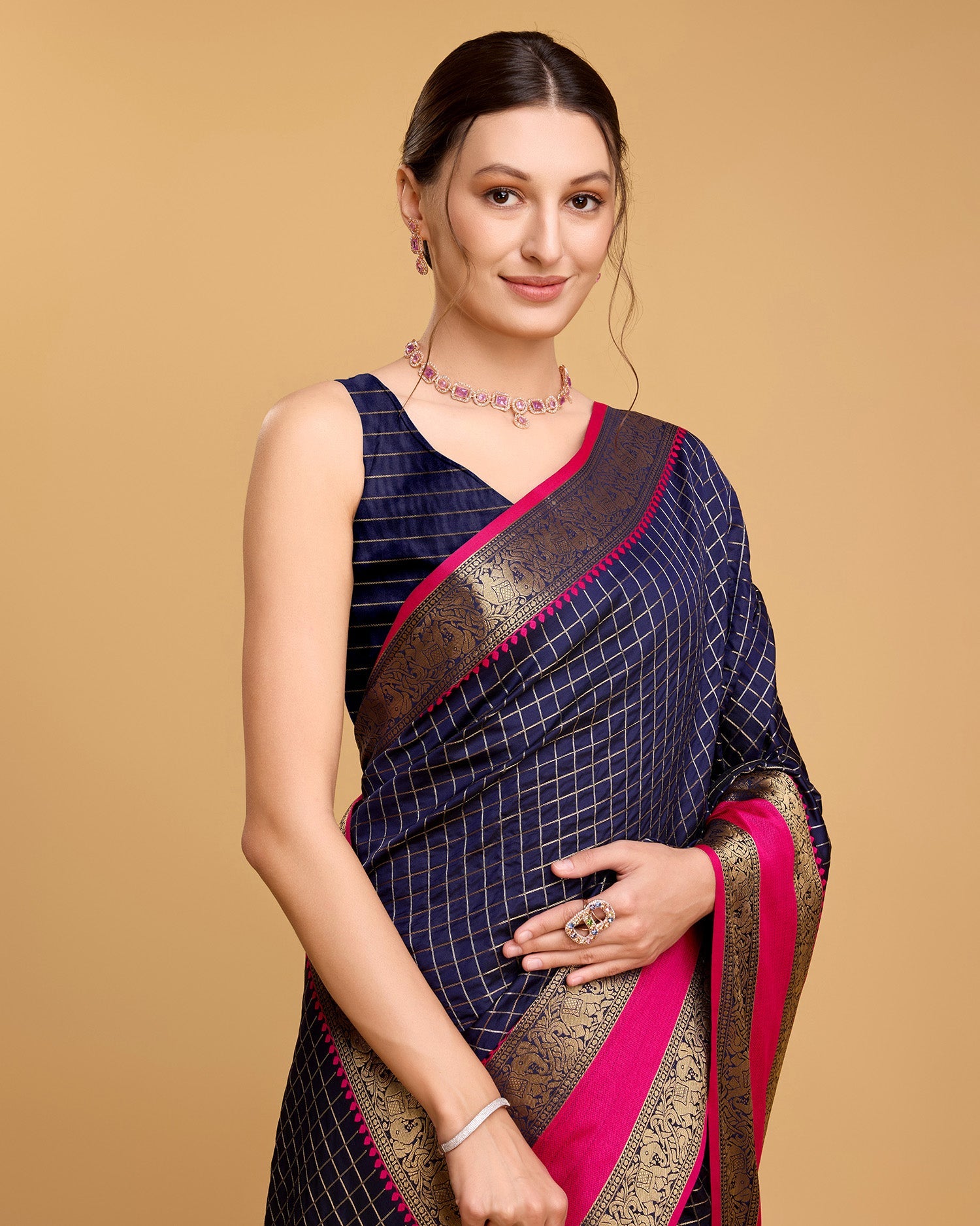 Vedant Vastram Soft Litchi Silk Banarasi Silk Saree - Navy | Swadesiicart
