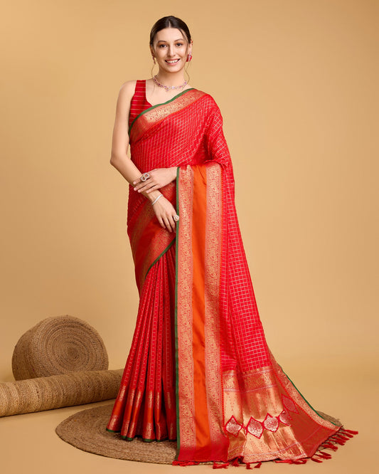 Vedant Vastram Soft Litchi Silk Banarasi Silk Saree - Red | Swadesiicart