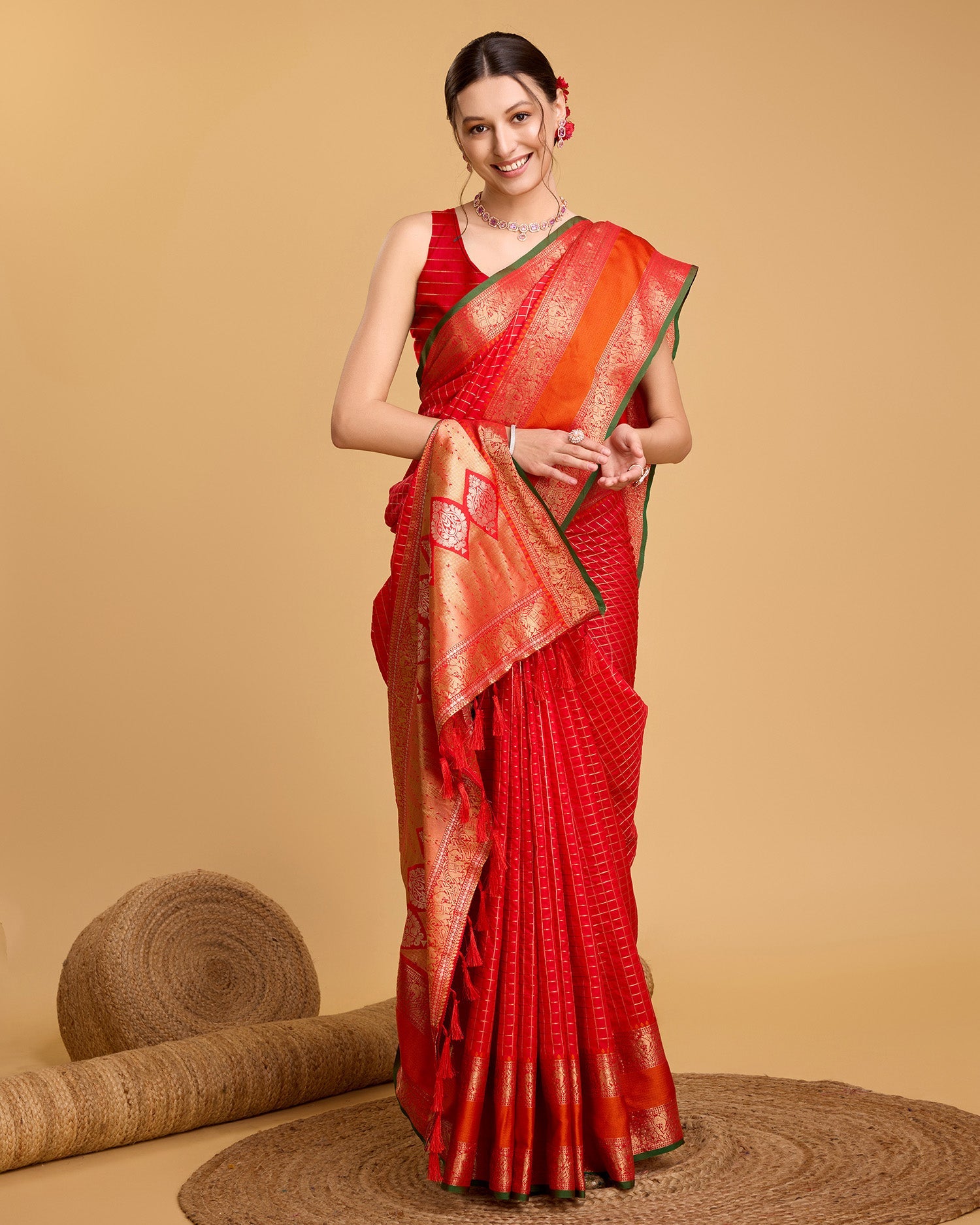 Vedant Vastram Soft Litchi Silk Banarasi Silk Saree - Red | Swadesiicart