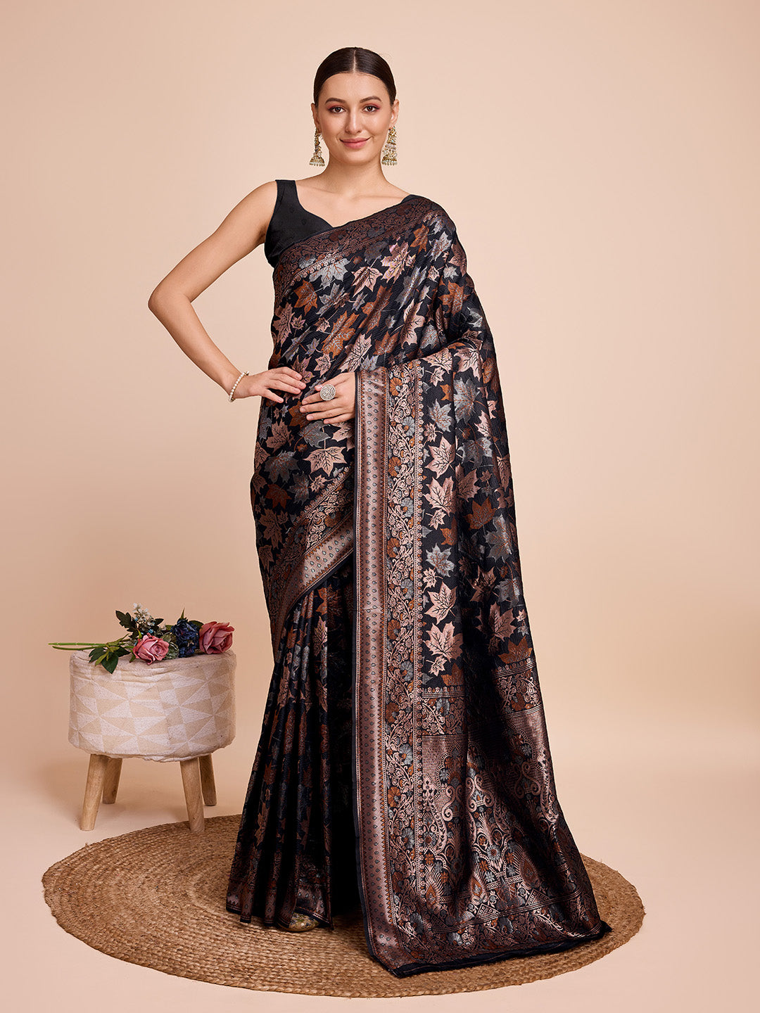 Vedant Vastram Soft Litchi Silk Banarasi Silk Saree - Black | Swadesiicart