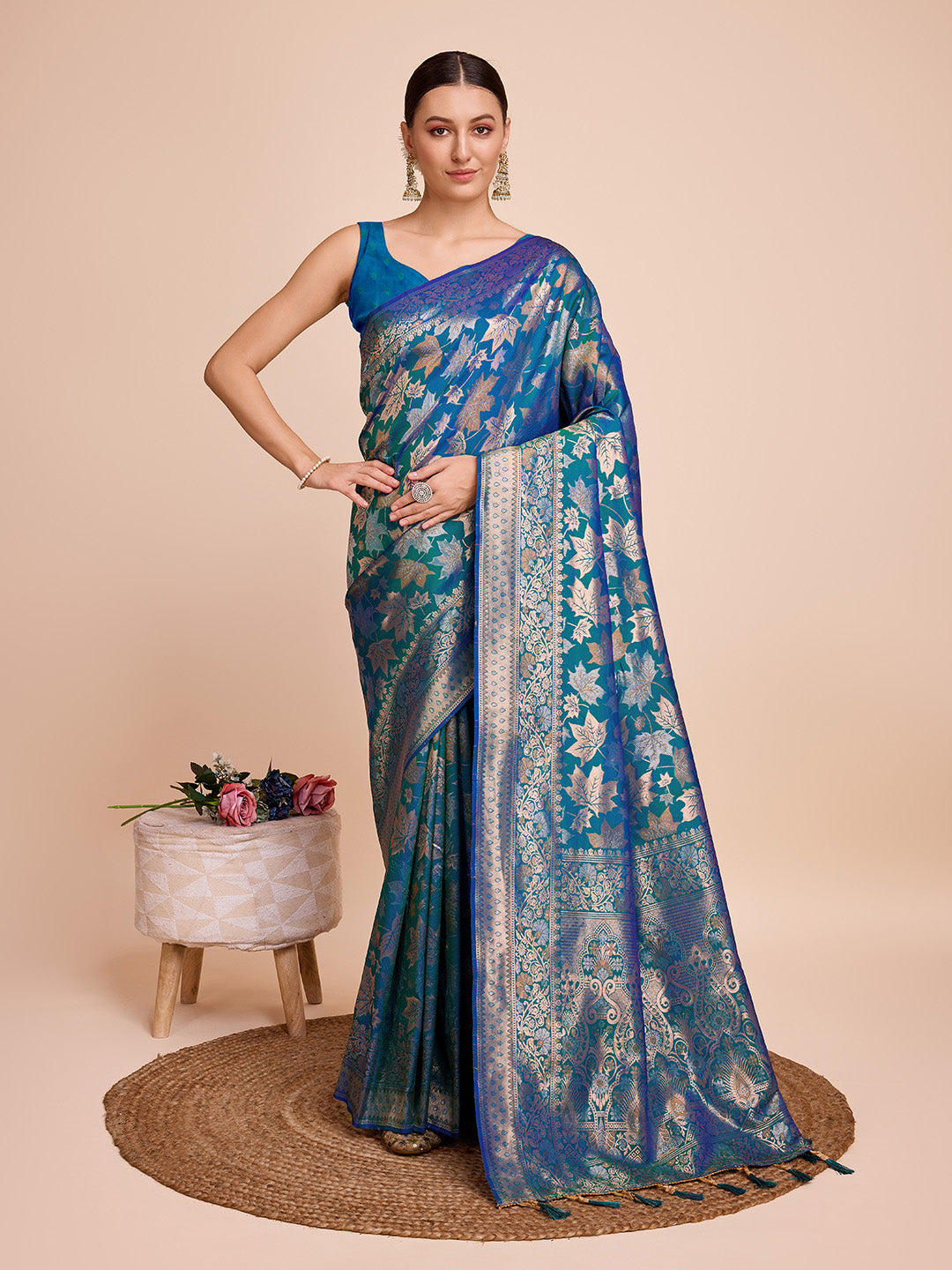 Vedant Vastram Soft Litchi Silk Banarasi Silk Saree - Firozi | Swadesiicart