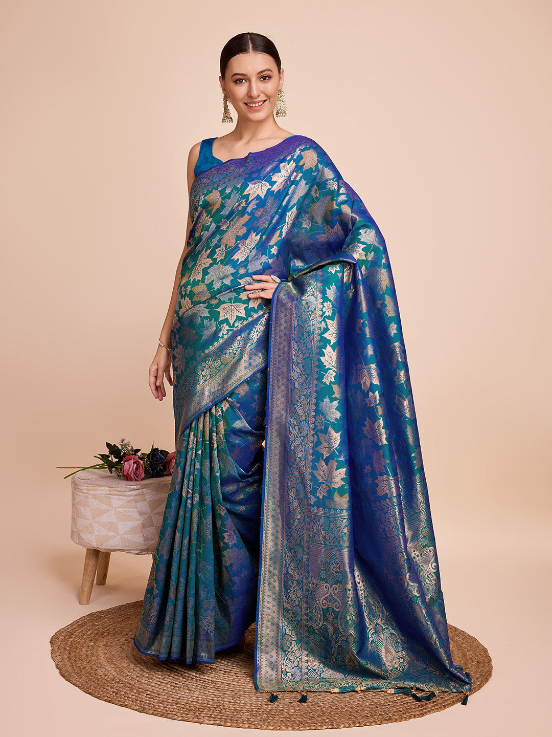 Vedant Vastram Soft Litchi Silk Banarasi Silk Saree - Firozi | Swadesiicart