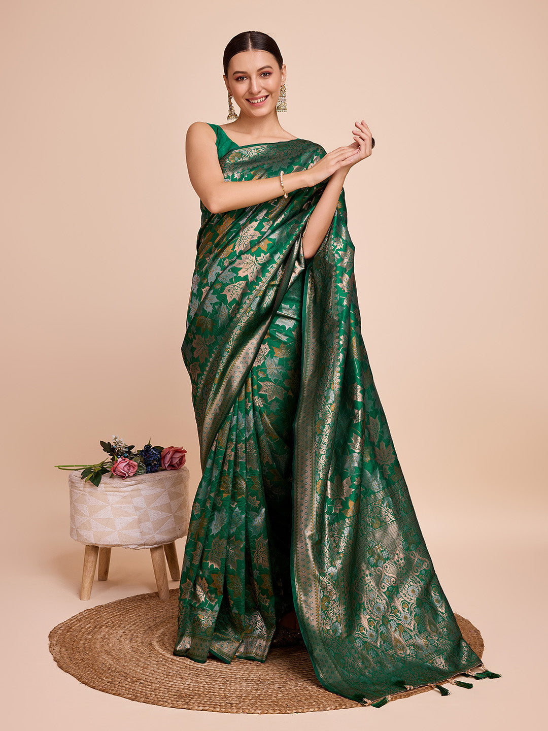 Vedant Vastram Soft Litchi Silk Banarasi Silk Saree - Green | Swadesiicart