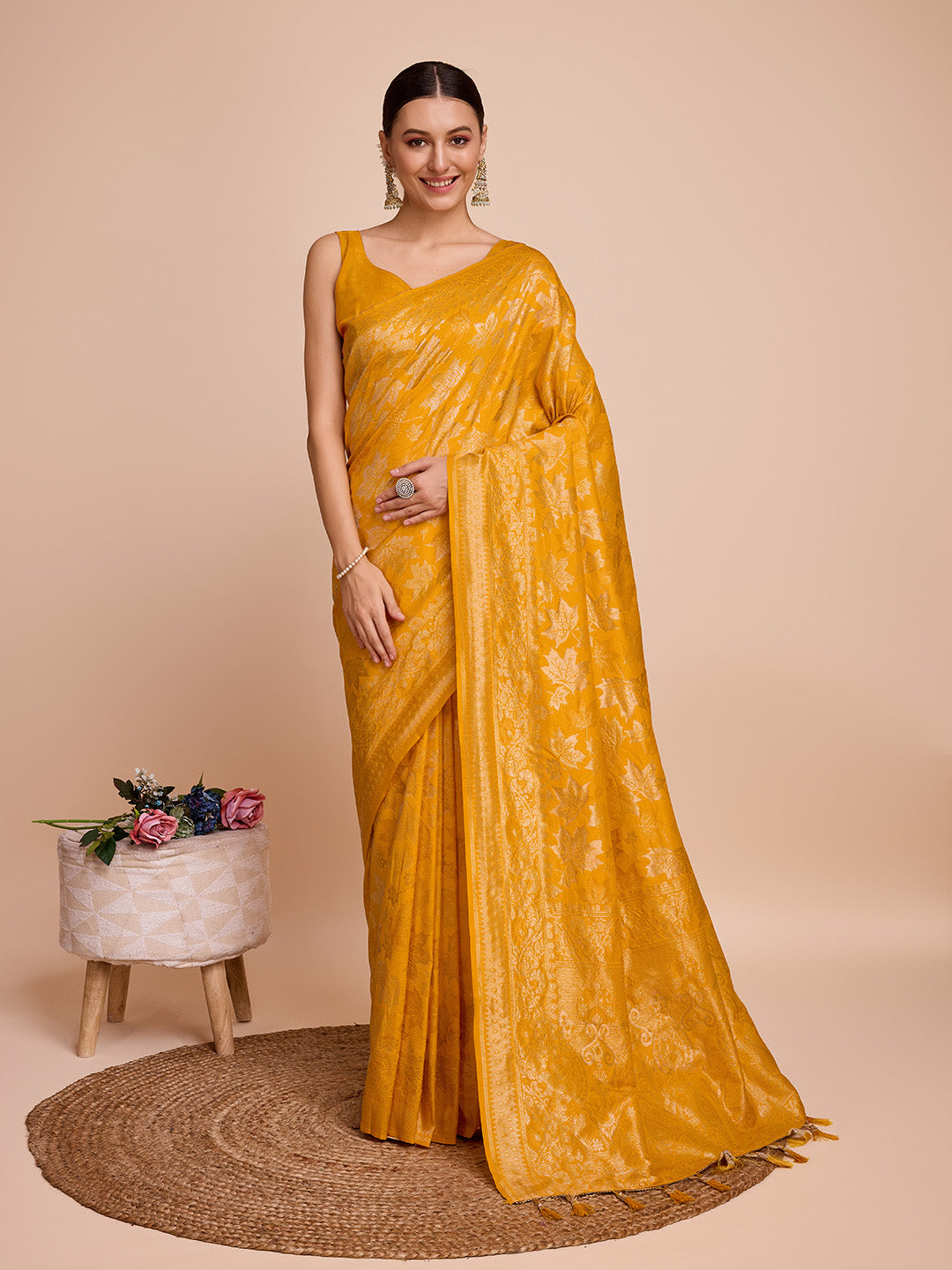 Vedant Vastram Soft Litchi Silk Banarasi Silk Saree - Mustard | Swadesiicart