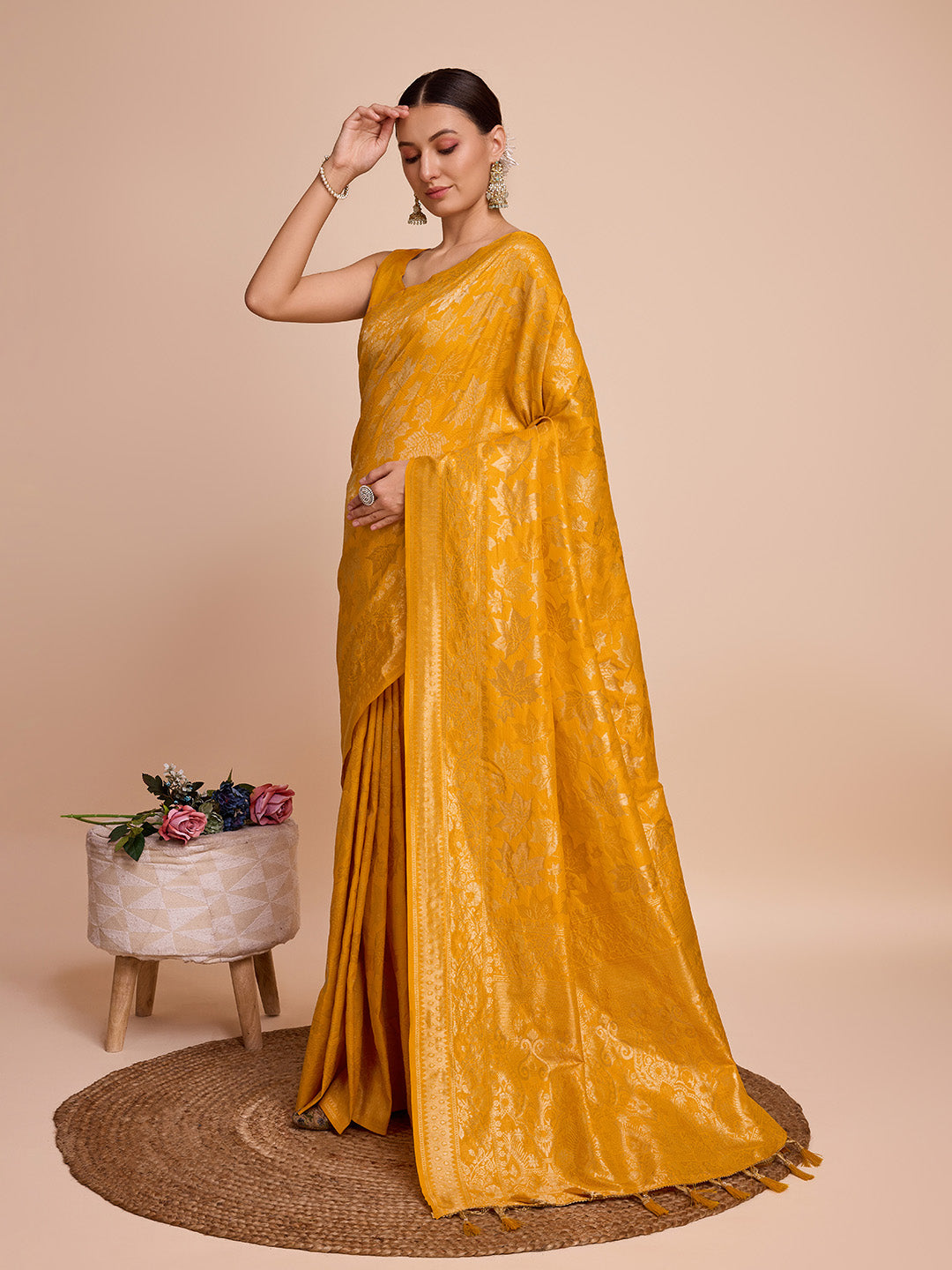 Vedant Vastram Soft Litchi Silk Banarasi Silk Saree - Mustard | Swadesiicart