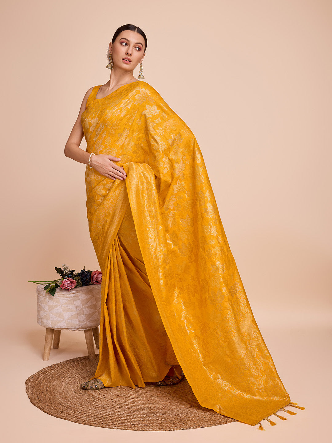 Vedant Vastram Soft Litchi Silk Banarasi Silk Saree - Mustard | Swadesiicart