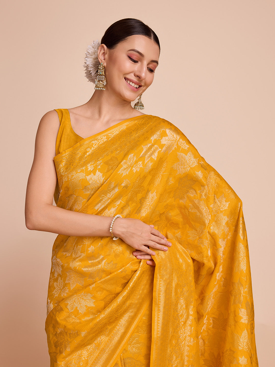 Vedant Vastram Soft Litchi Silk Banarasi Silk Saree - Mustard | Swadesiicart