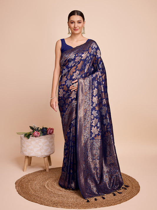 Vedant Vastram Soft Litchi Silk Banarasi Silk Saree - Navy | Swadesiicart