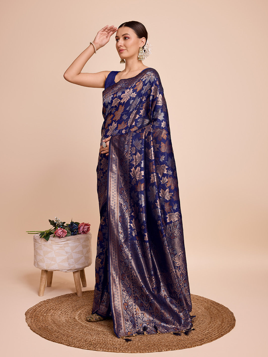 Vedant Vastram Soft Litchi Silk Banarasi Silk Saree - Navy | Swadesiicart