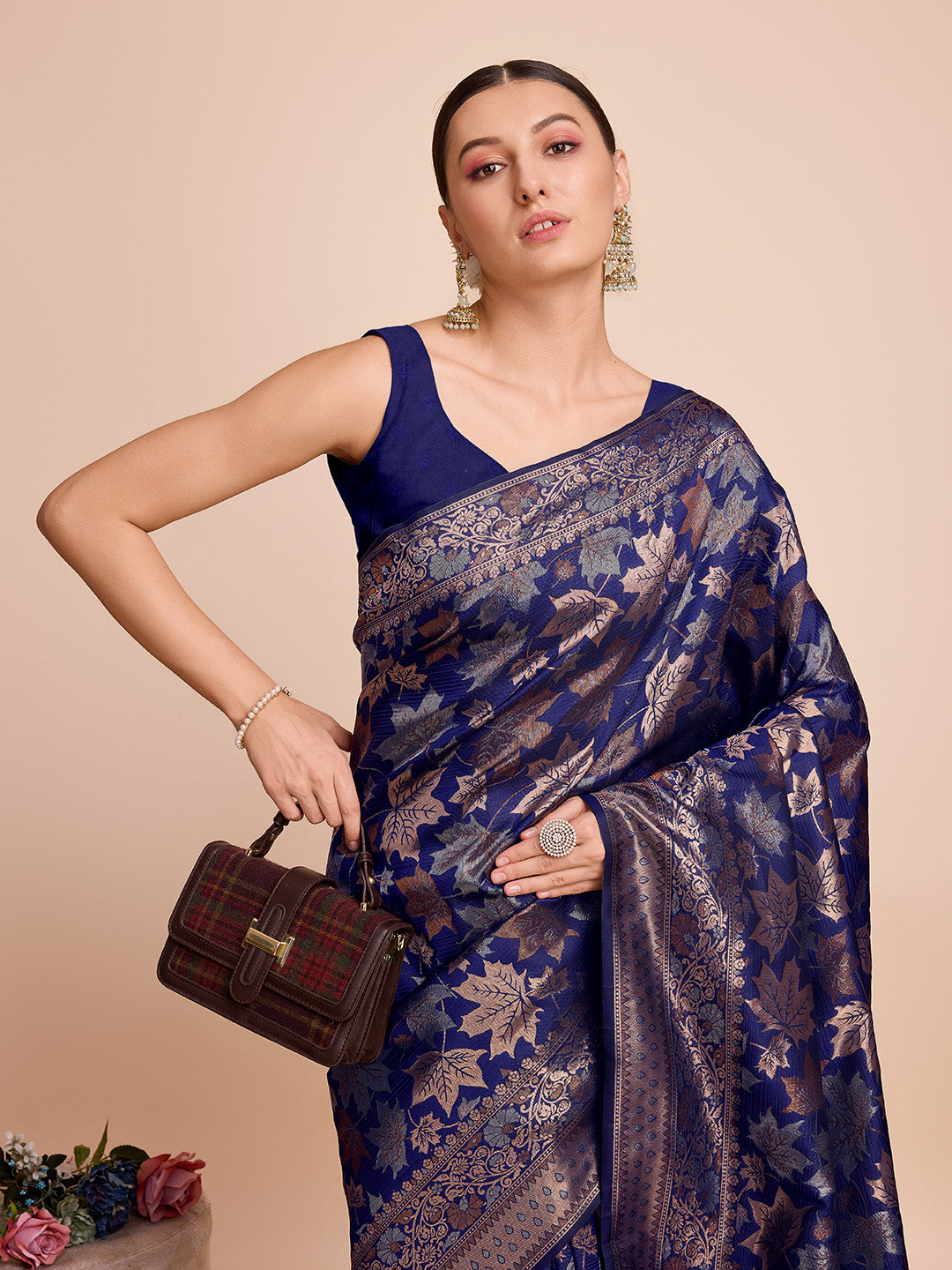 Vedant Vastram Soft Litchi Silk Banarasi Silk Saree - Navy | Swadesiicart