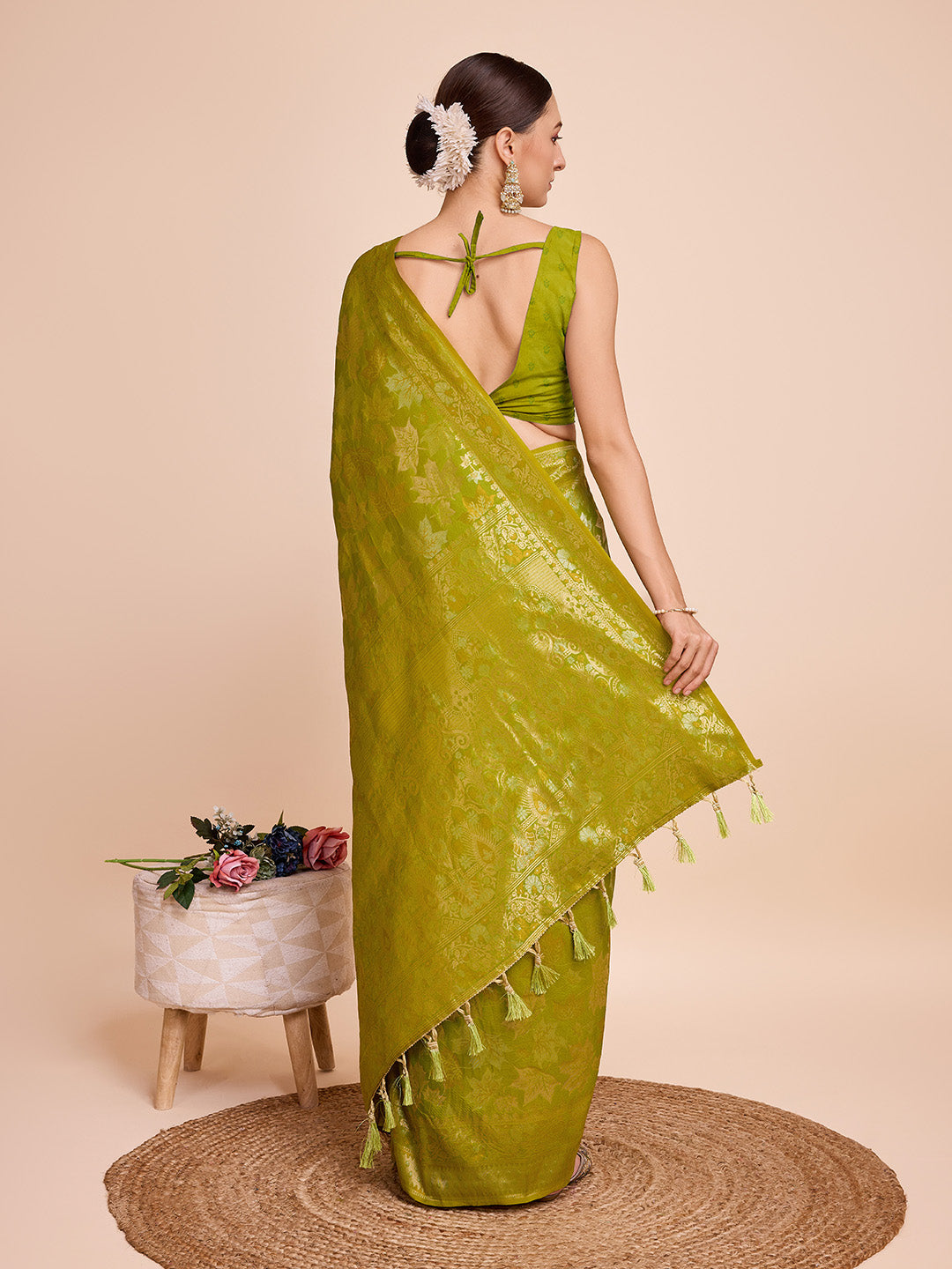 Vedant Vastram Soft Litchi Silk Banarasi Silk Saree - Olive | Swadesiicart