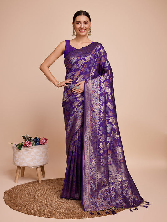 Vedant Vastram Soft Litchi Silk Banarasi Silk Saree - Violet | Swadesiicart