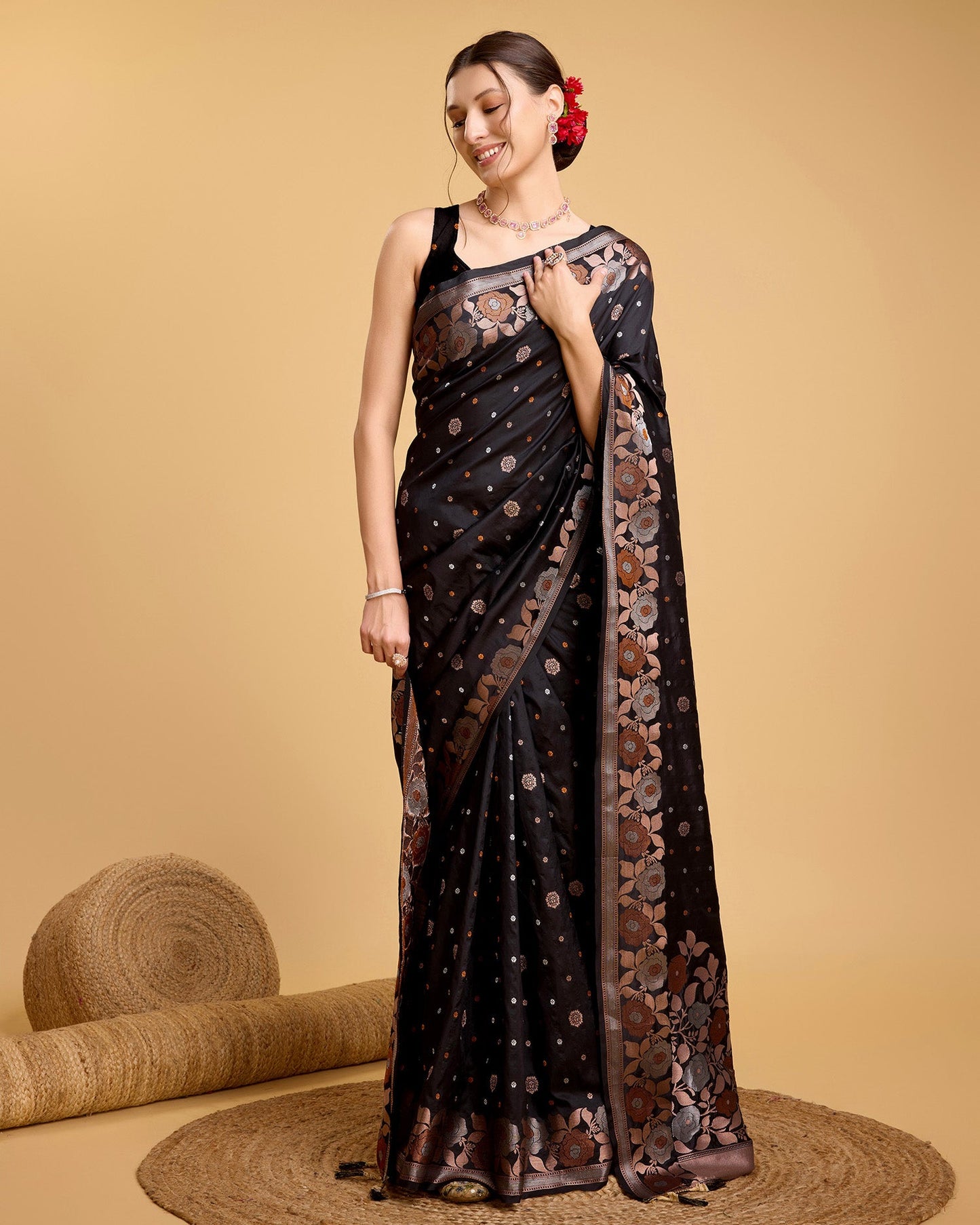 Vedant Vastram Soft Litchi Silk Banarasi Silk Saree - Black | Swadesiicart