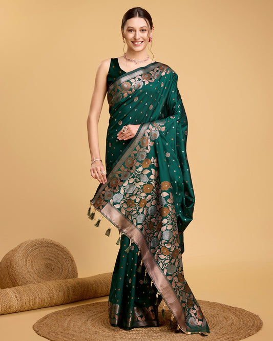 Vedant Vastram Soft Litchi Silk Banarasi Silk Saree - Green | Swadesiicart
