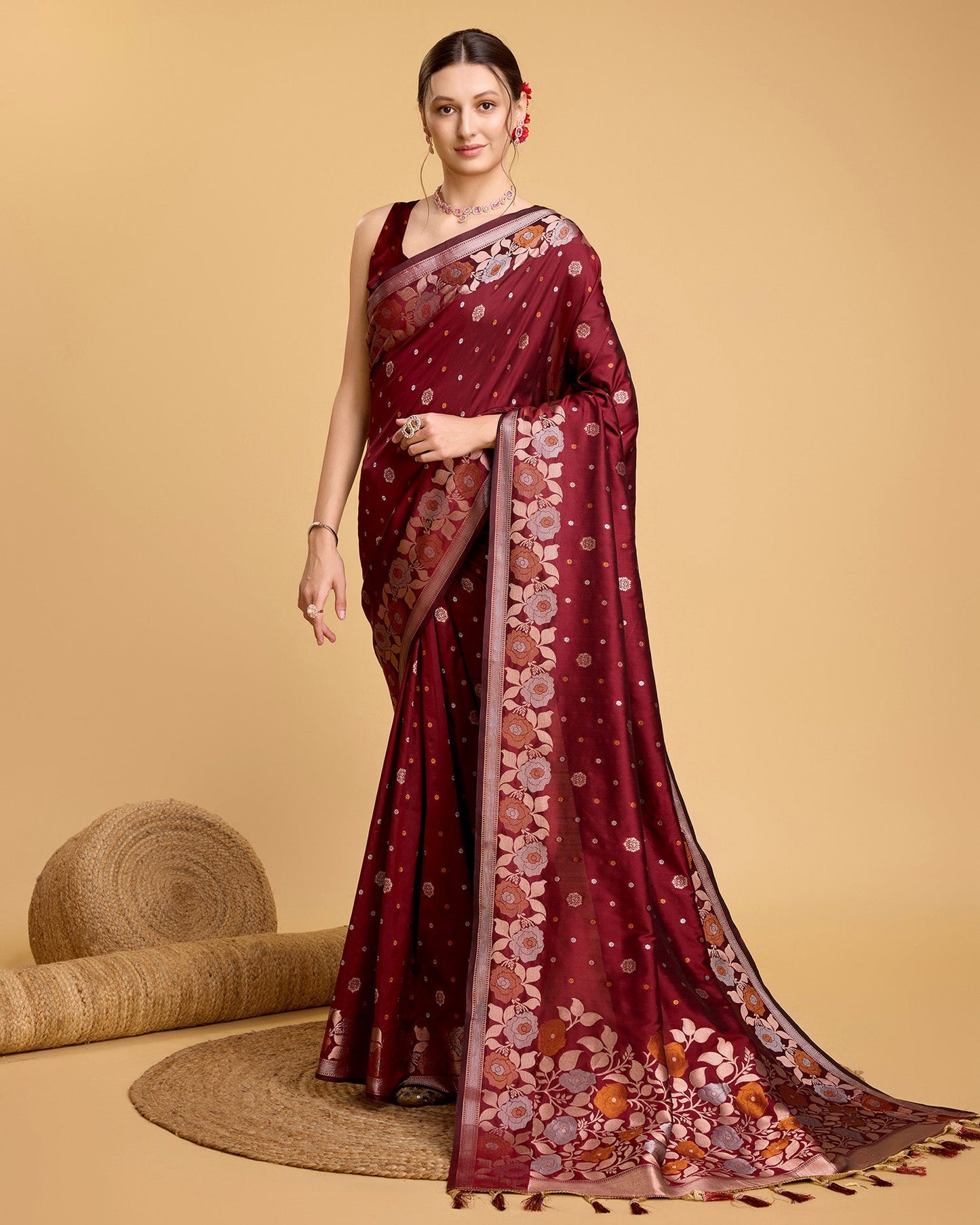 Vedant Vastram Soft Litchi Silk Banarasi Silk Saree - Maroon | Swadesiicart