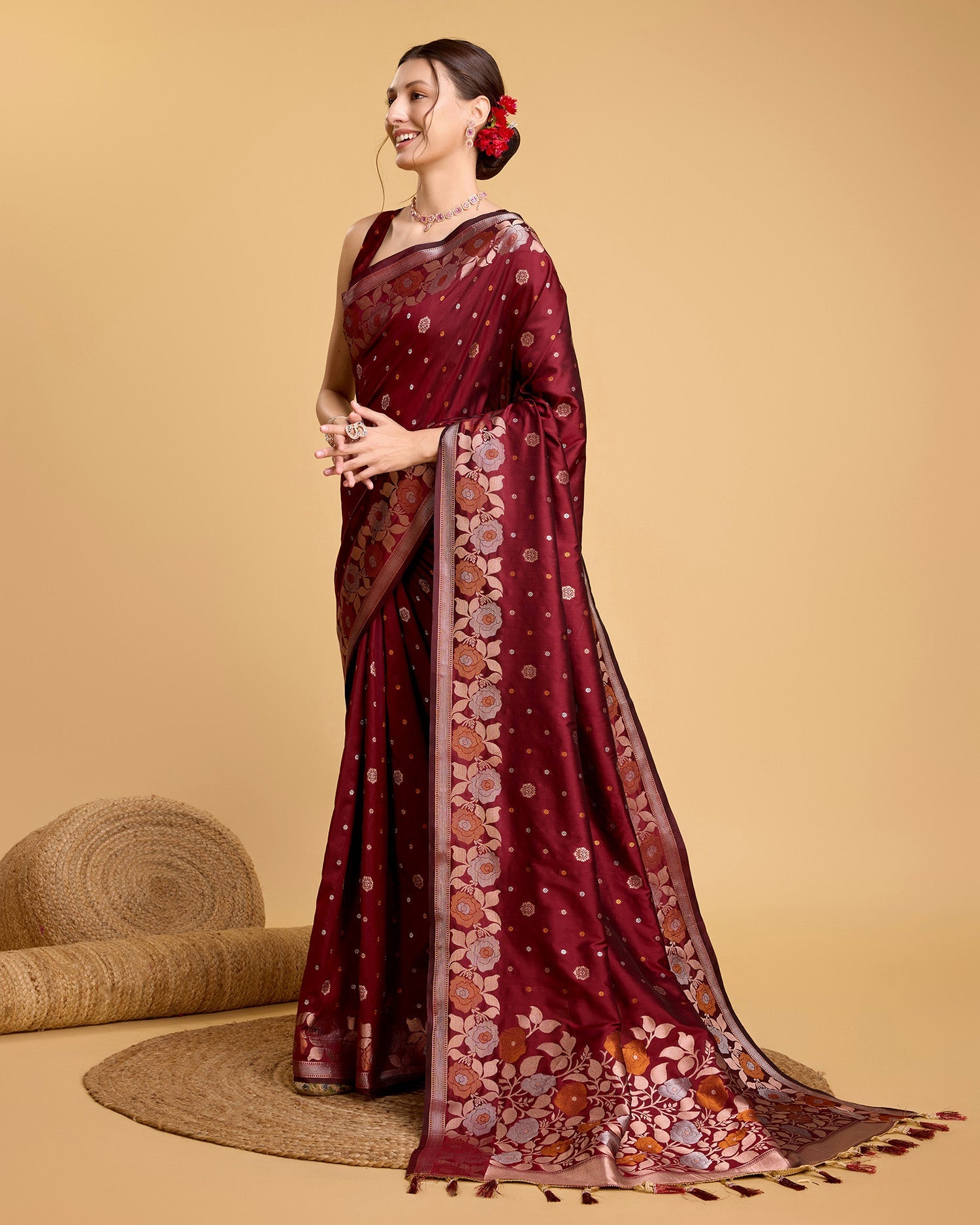 Vedant Vastram Soft Litchi Silk Banarasi Silk Saree - Maroon | Swadesiicart