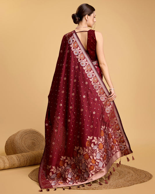 Vedant Vastram Soft Litchi Silk Banarasi Silk Saree - Maroon | Swadesiicart