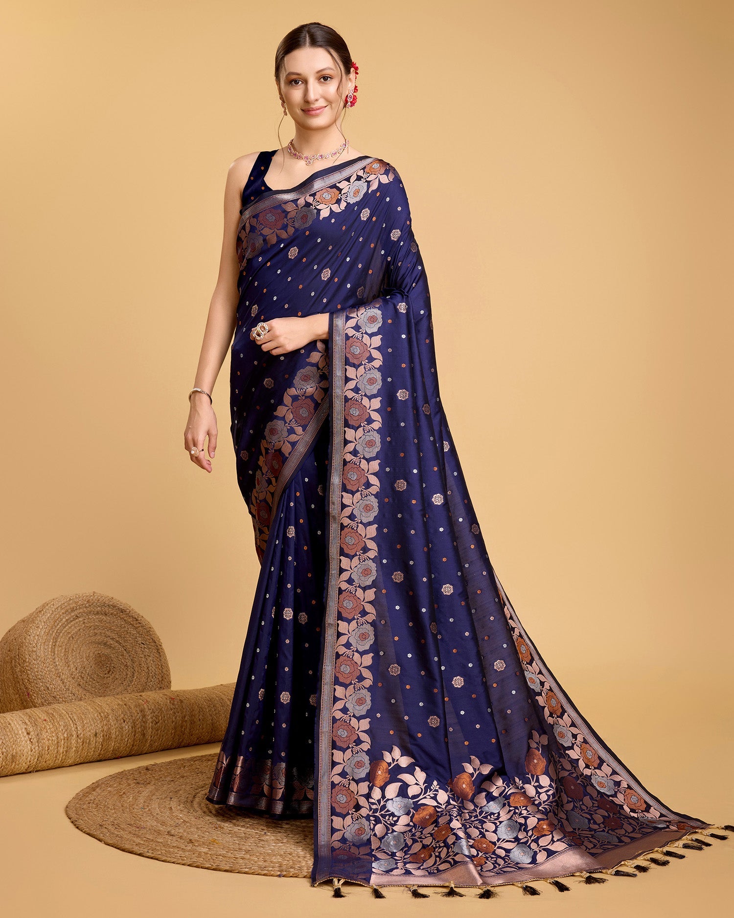 Vedant Vastram Soft Litchi Silk Banarasi Silk Saree - Navy | Swadesiicart