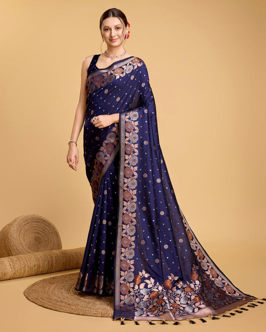 Vedant Vastram Soft Litchi Silk Banarasi Silk Saree - Navy | Swadesiicart