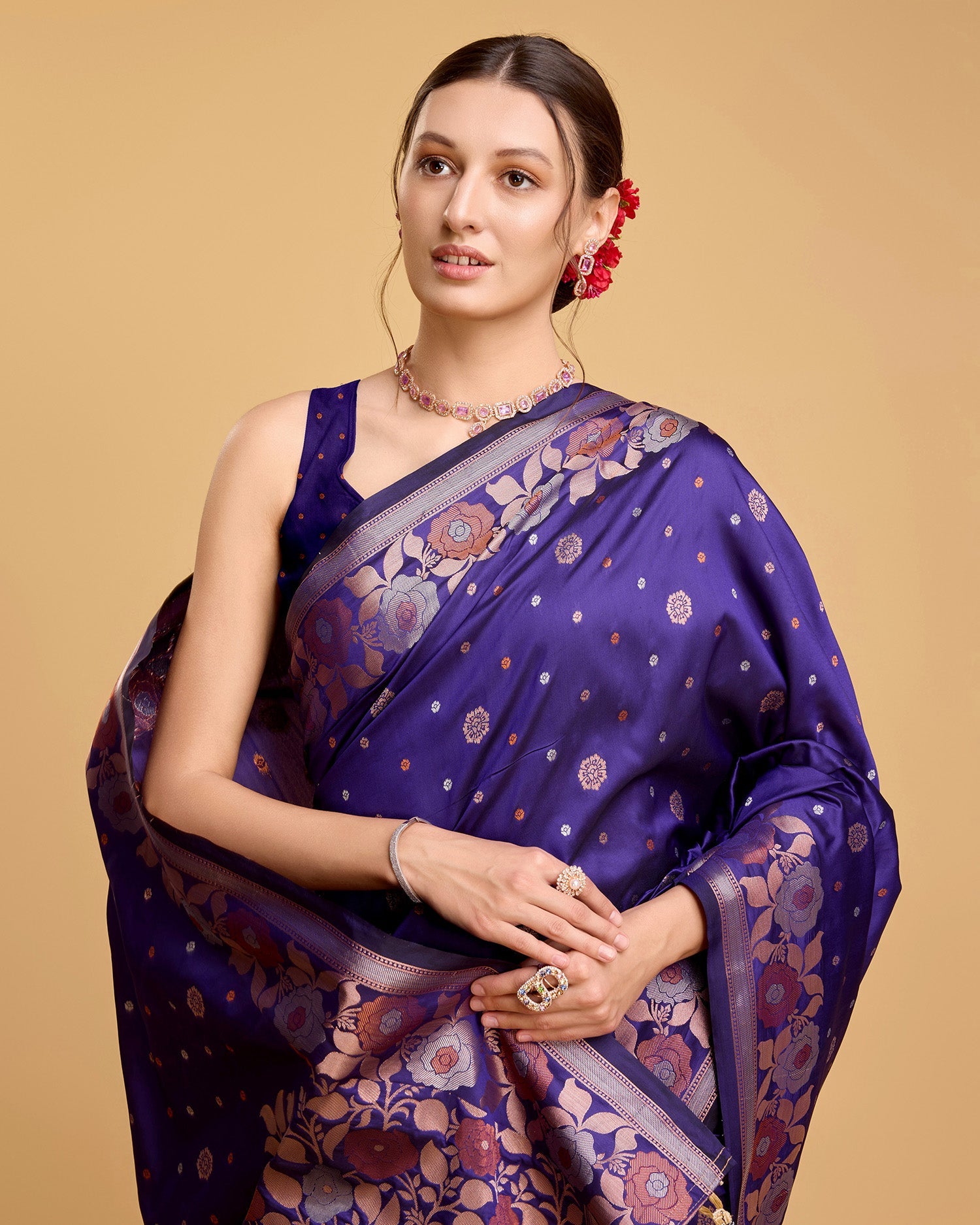 Vedant Vastram Soft Litchi Silk Banarasi Silk Saree - Violet | Swadesiicart