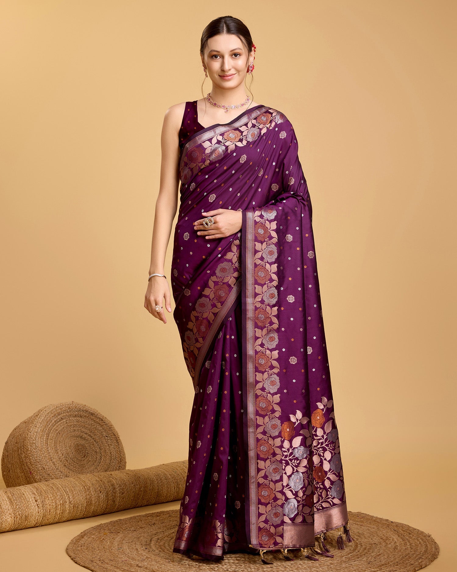 Vedant Vastram Soft Litchi Silk Banarasi Silk Saree - Wine | Swadesiicart