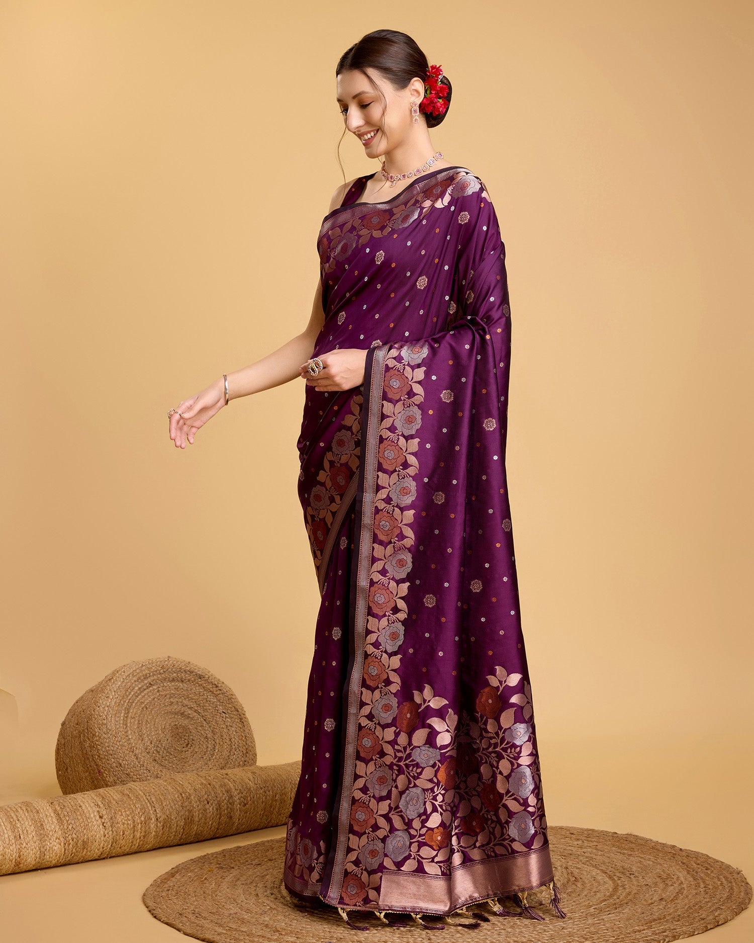 Vedant Vastram Soft Litchi Silk Banarasi Silk Saree - Wine | Swadesiicart