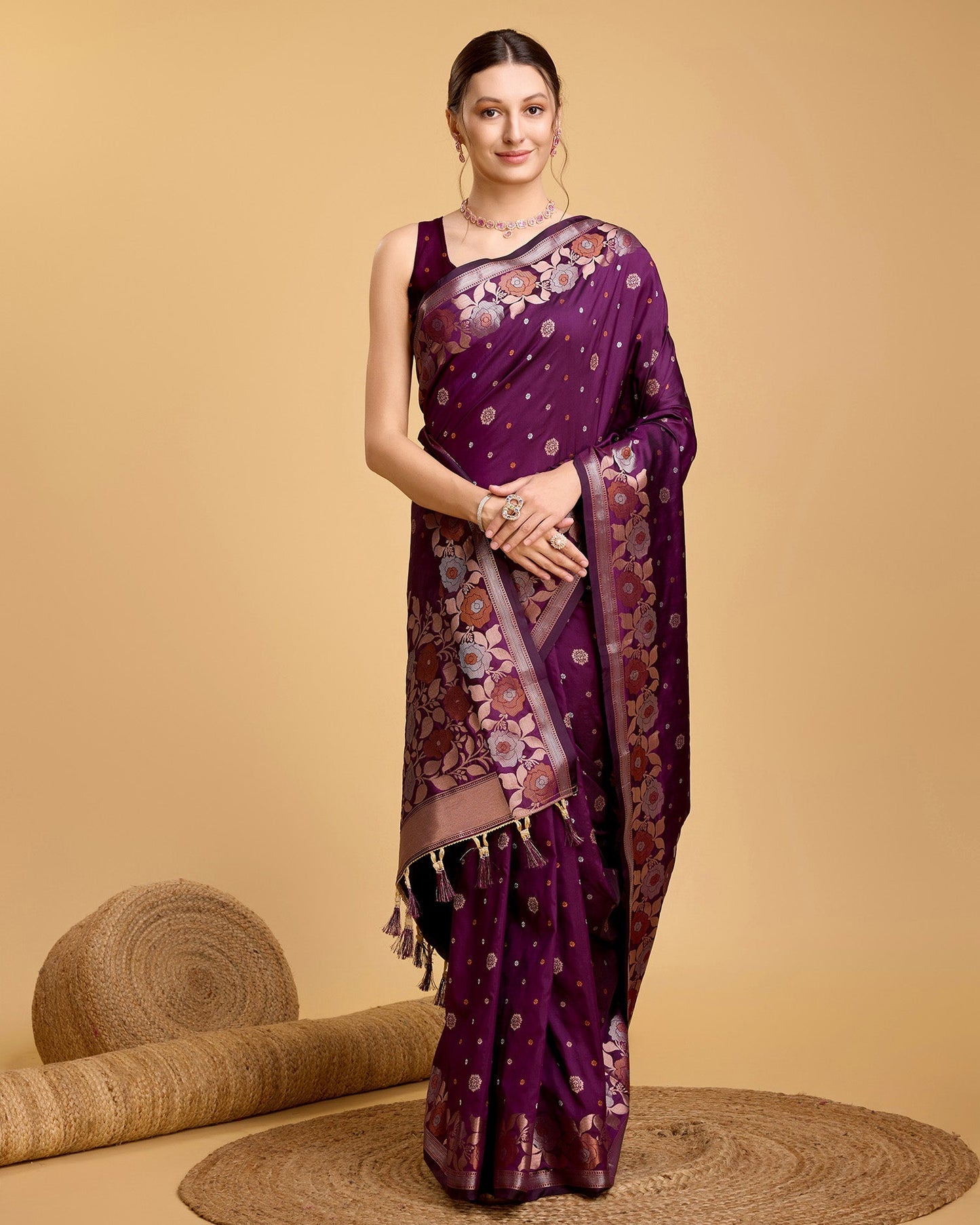 Vedant Vastram Soft Litchi Silk Banarasi Silk Saree - Wine | Swadesiicart