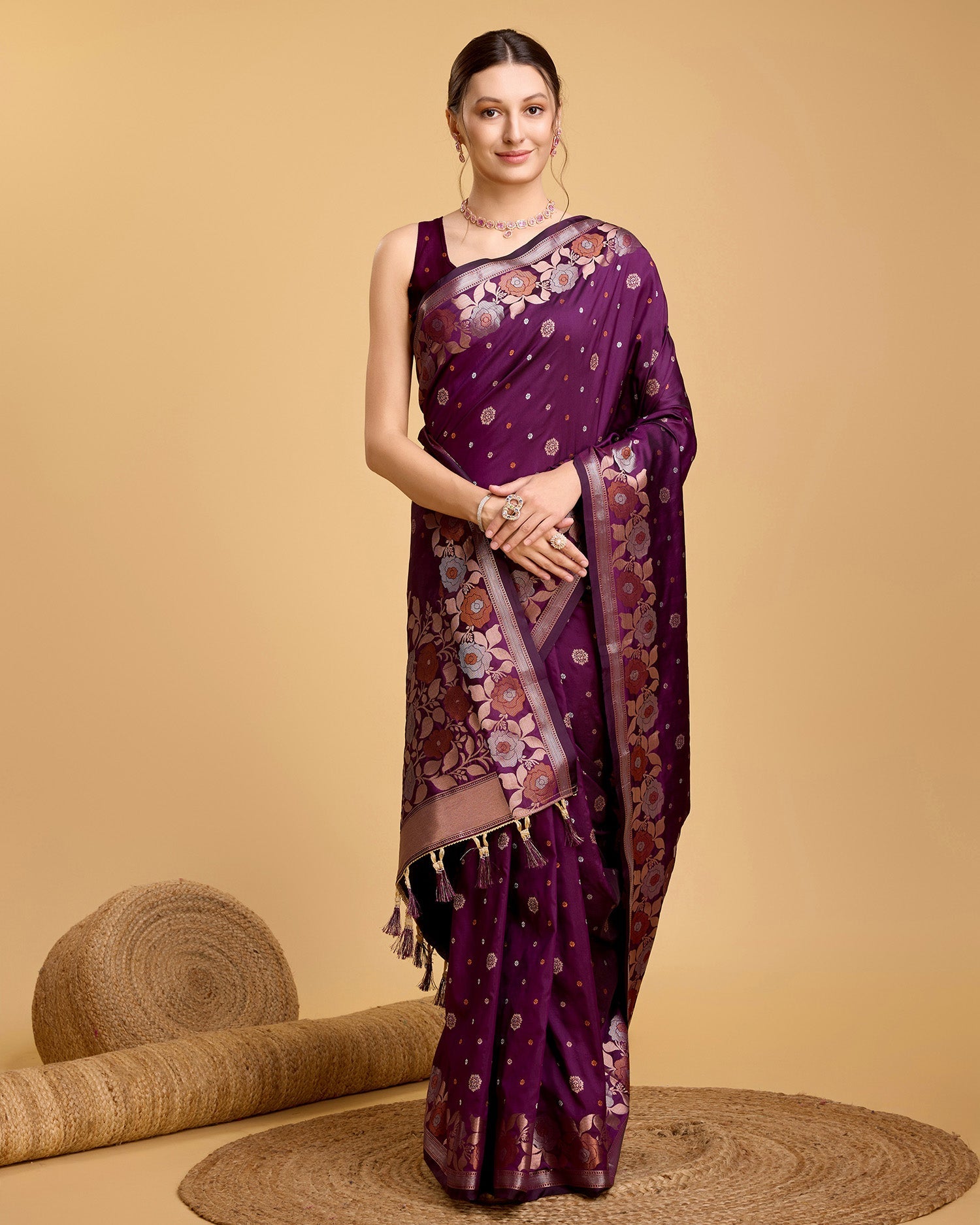 Vedant Vastram Soft Litchi Silk Banarasi Silk Saree - Wine | Swadesiicart