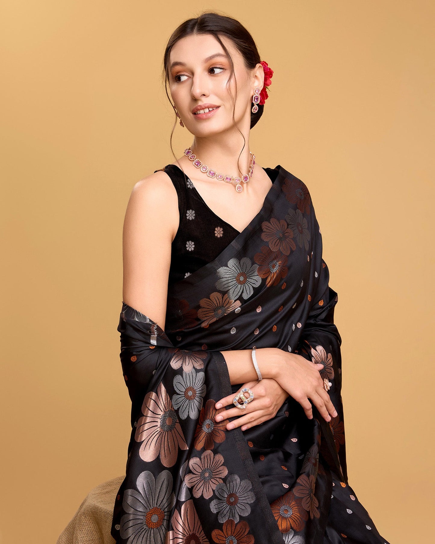 Vedant Vastram Soft Litchi Silk Banarasi Silk Saree - Black | Swadesiicart