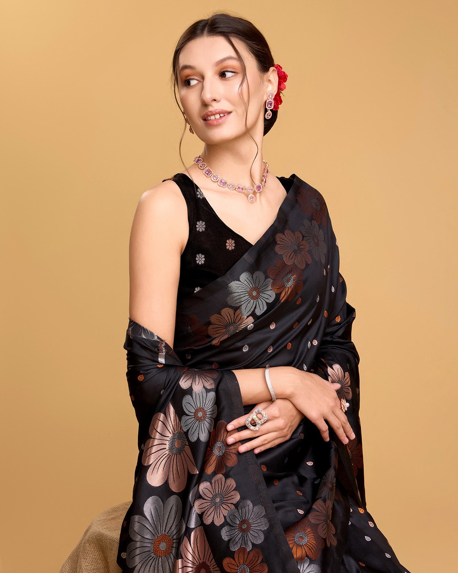 Vedant Vastram Soft Litchi Silk Banarasi Silk Saree - Black | Swadesiicart