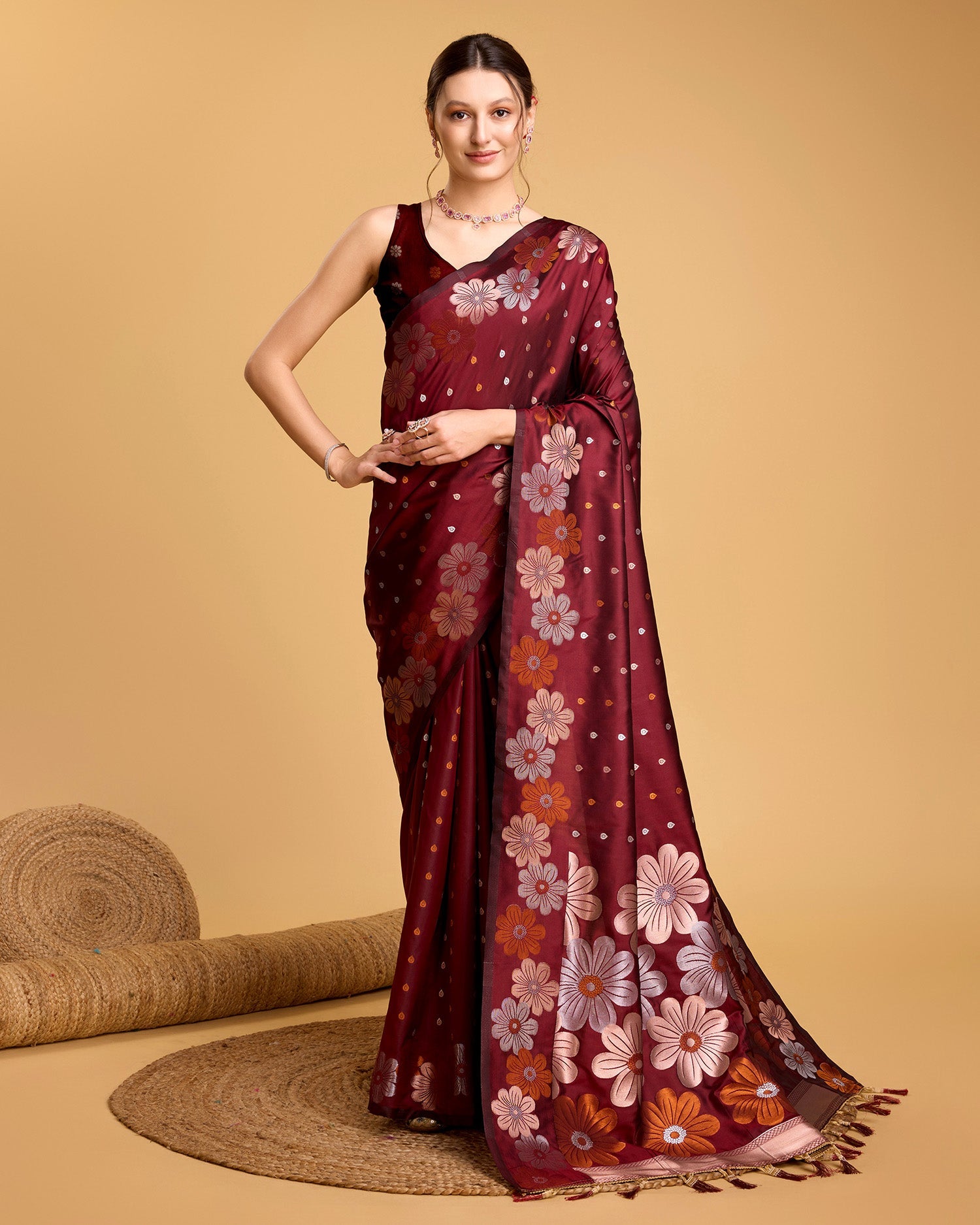 Vedant Vastram Soft Litchi Silk Banarasi Silk Saree - Maroon | Swadesiicart